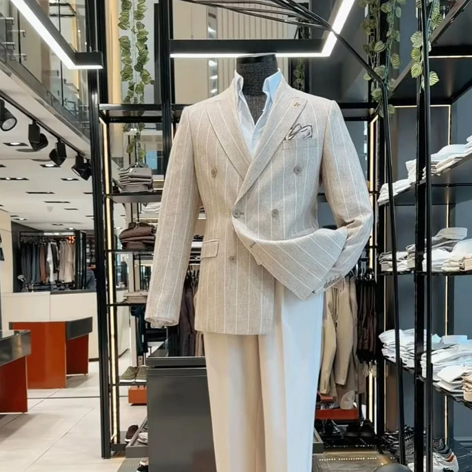 Men'S Grooming Daily - Beige Pinstripe Double Breasted Suit Set