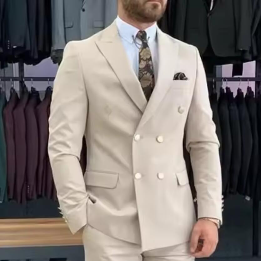 New Beige Men Suits Double Bre - Men'S Grooming Daily 评论和价格